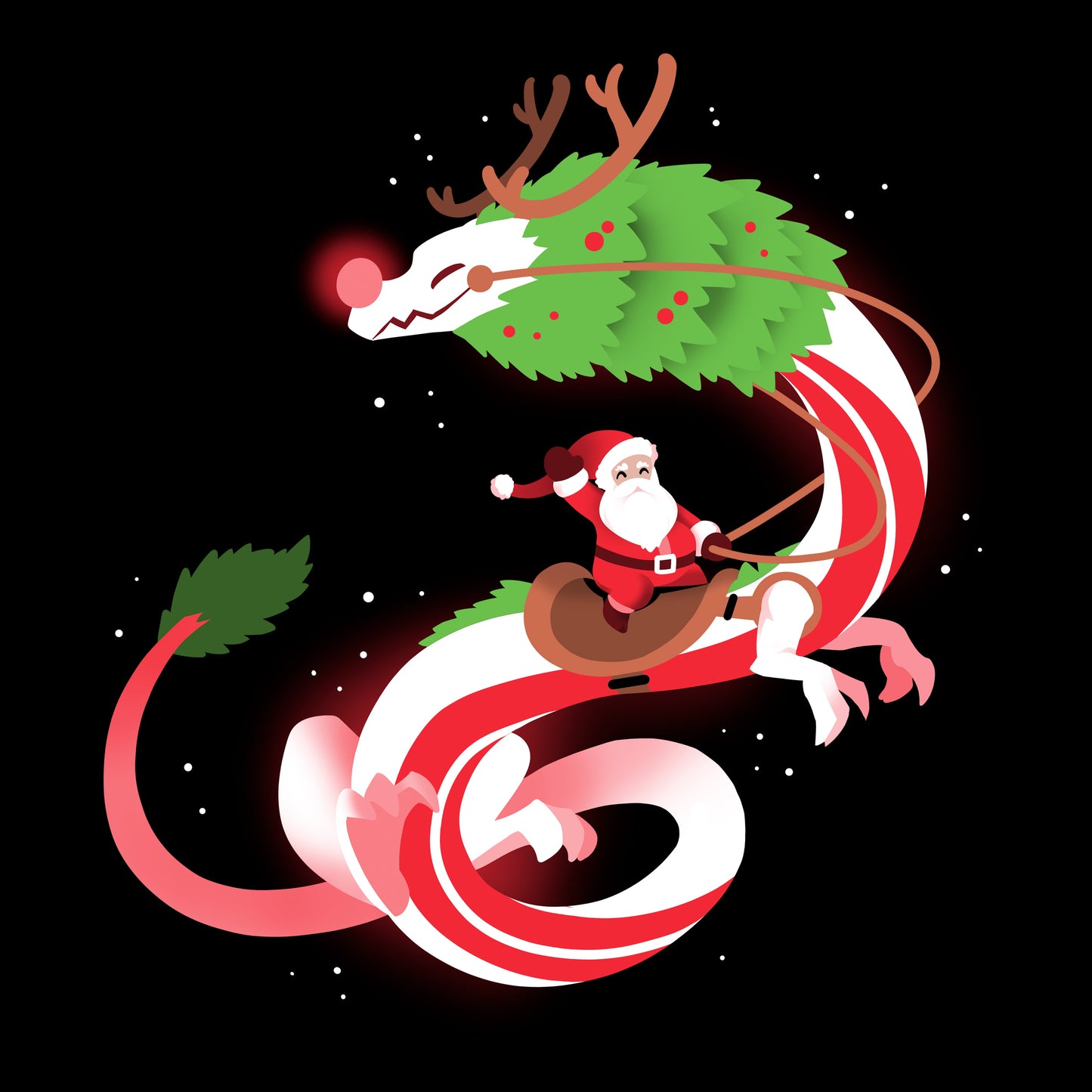 Classic Cotton T-shirt_TeeTurtle Christmas Dragon V2 Black t-shirt featuring an artistic candy cane dragon with a glowing nose and Santa riding on the back.