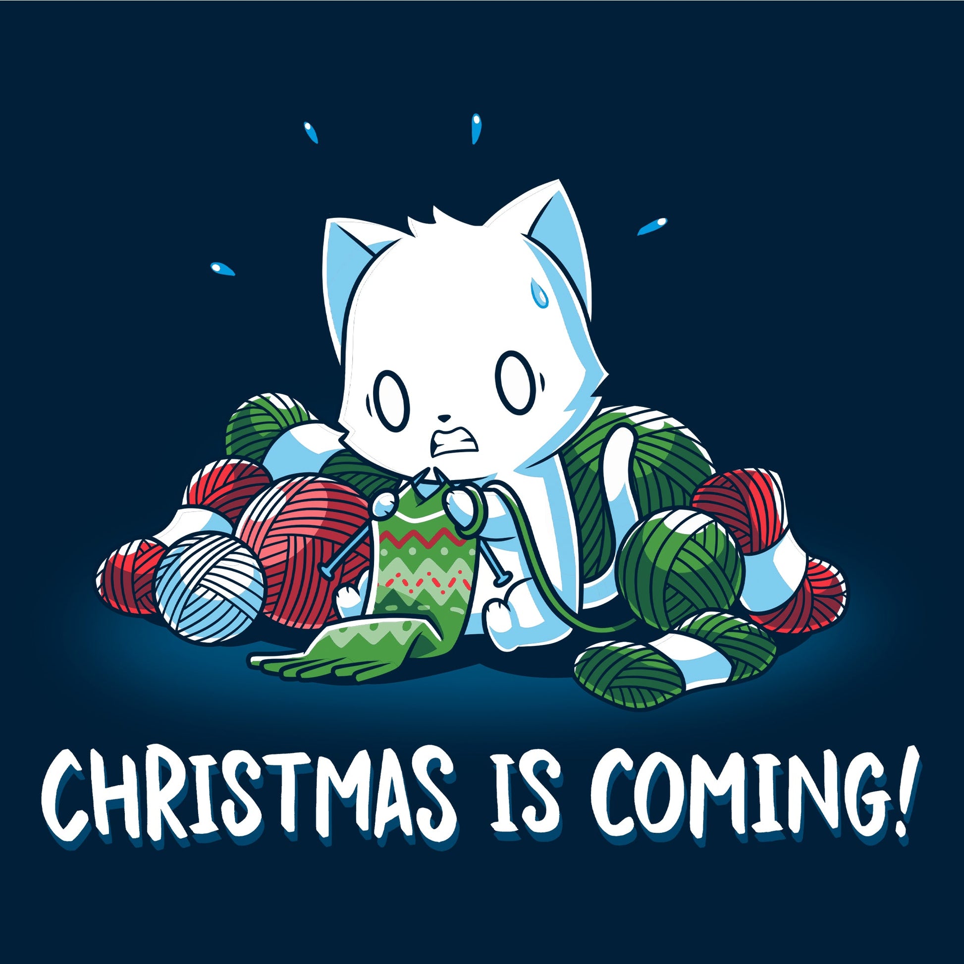 Long Sleeve T-shirt_TeeTurtle Christmas is Coming! navy blue t-shirt featuring an anxious cat that is crafting gifts for Christmas