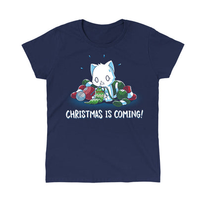 Classic Cotton T-shirt_TeeTurtle Christmas is Coming! navy blue t-shirt featuring an anxious cat that is crafting gifts for Christmas