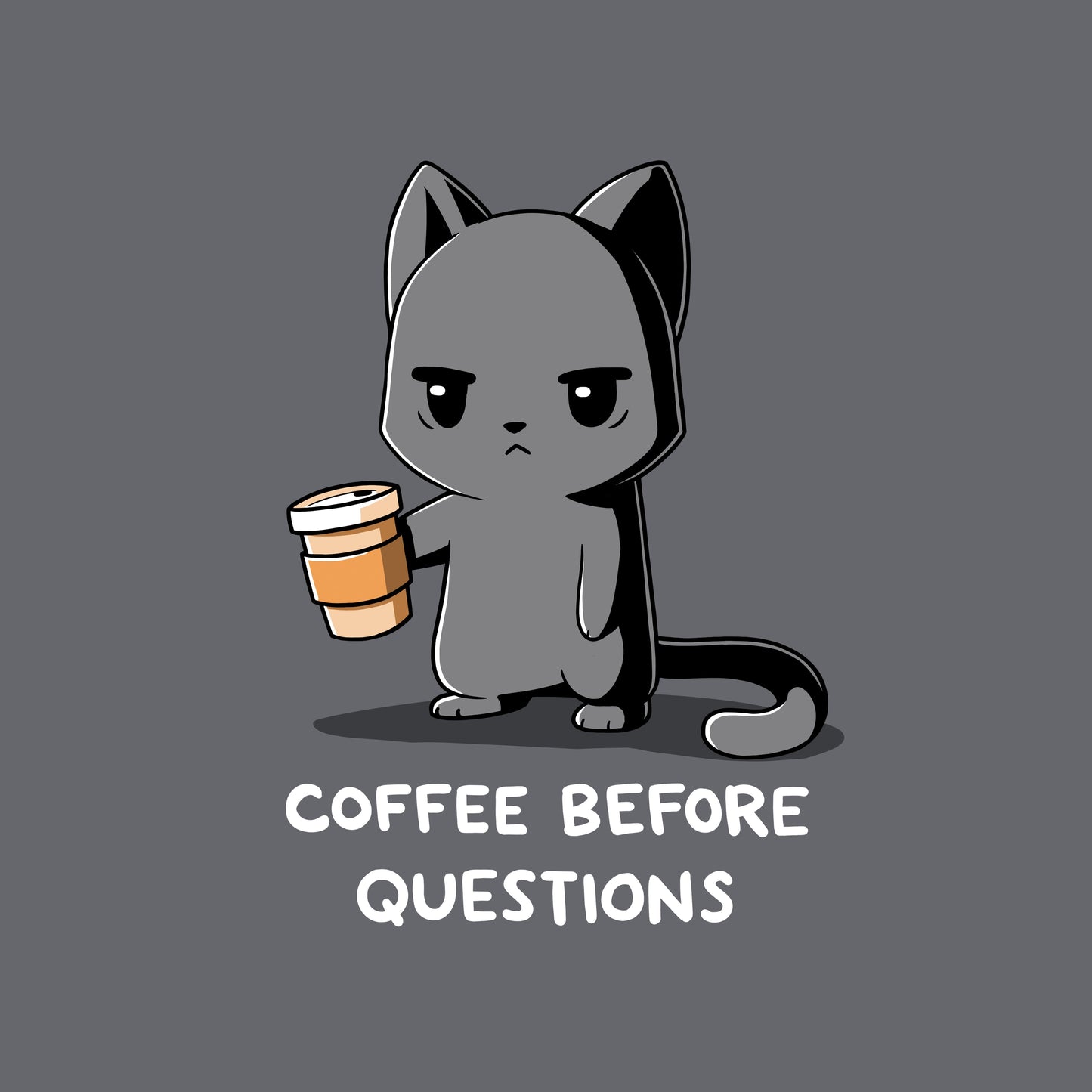 Classic Cotton T-shirt_TeeTurtle charcoal gray Coffee Before Questions. Featuring a grumpy cat holding a coffee cup saying, "Coffee Before Questions".