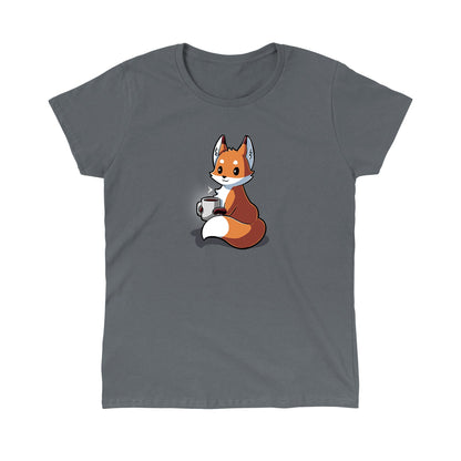 Classic Cotton T-shirt_TeeTurtle Coffee Fox charcoal gray t-shirt featuring a content fox holding a large mug of coffee.