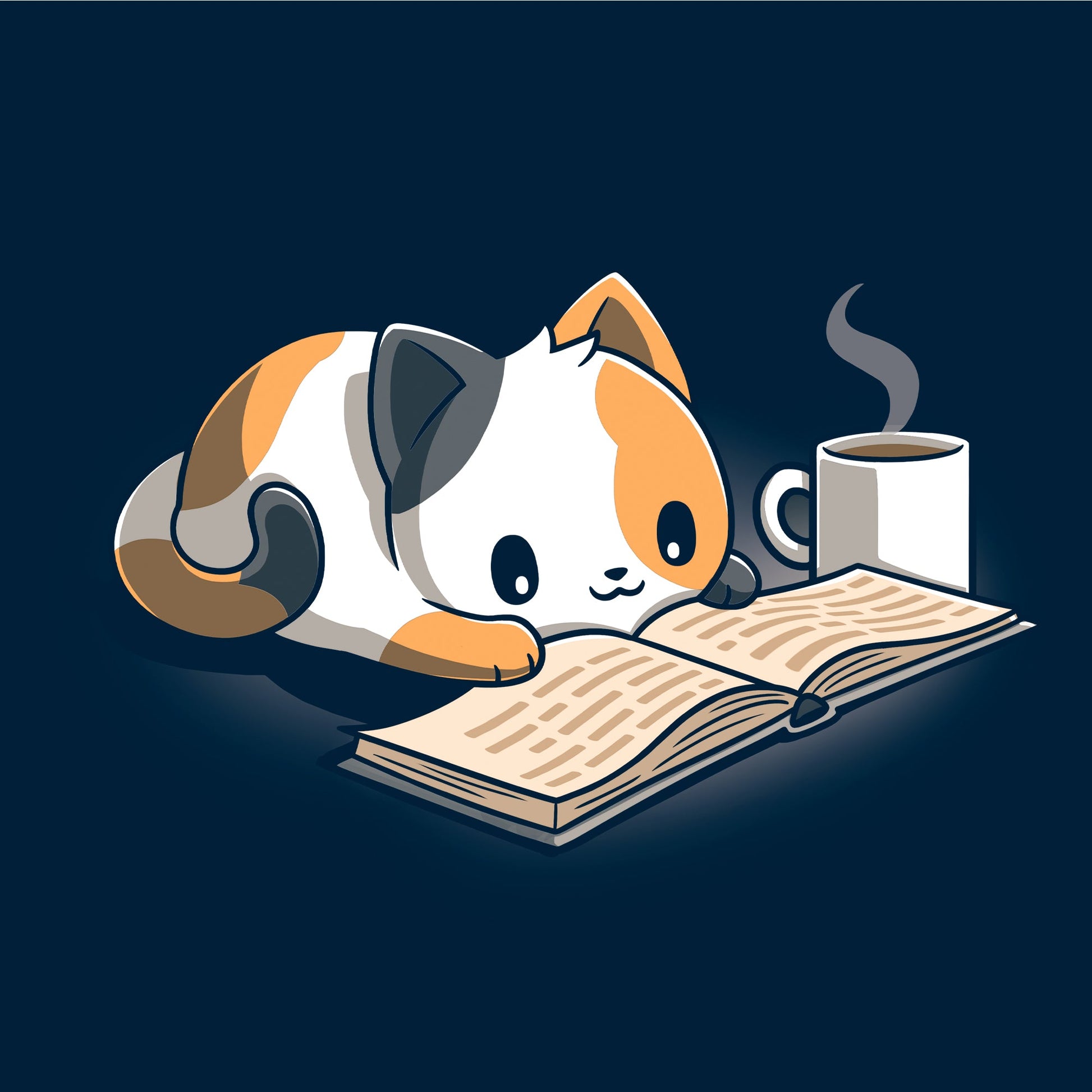 Classic Cotton T-shirt_TeeTurtle Coffee and a Good Book navy blue t-shirt featuring a calico cat laying next to a hot cup of coffee as it reads a book.