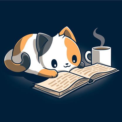 Crew Neck Sweatshirt_TeeTurtle Coffee and a Good Book navy blue design featuring a calico cat laying next to a hot cup of coffee as it reads a book.