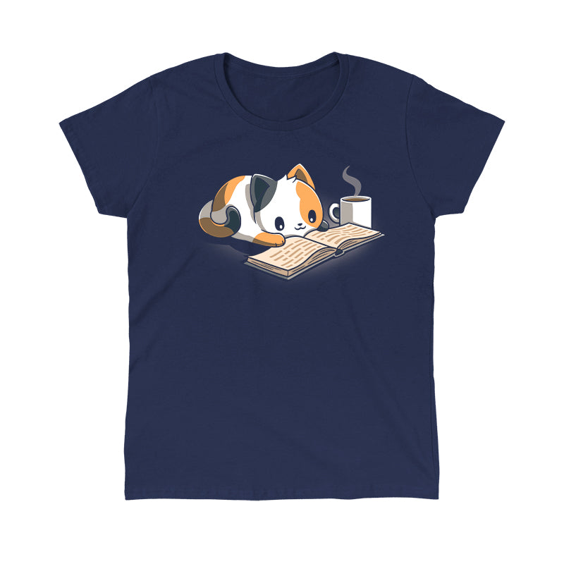 Classic Cotton T-shirt_TeeTurtle Coffee and a Good Book navy blue t-shirt featuring a calico cat laying next to a hot cup of coffee as it reads a book.