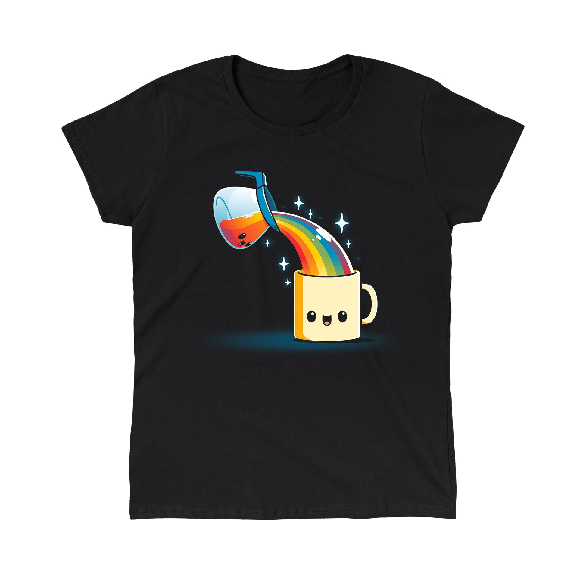 Classic Cotton T-shirt_TeeTurtle black Coffee is Magic. Featuring a coffee pot pouring a rainbow into a coffee cup.