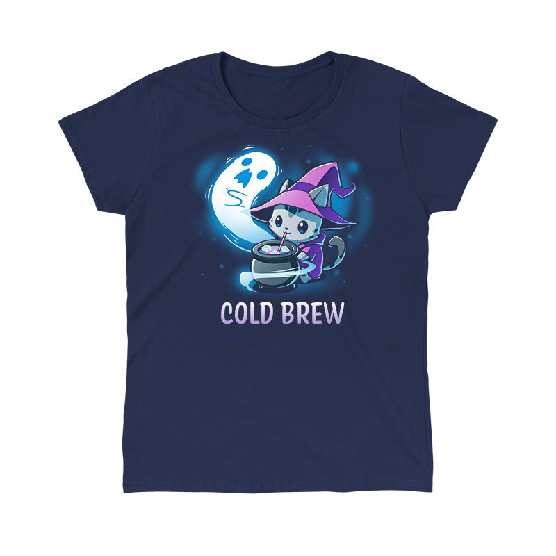 Classic Cotton T-shirt_TeeTurtle Cold Brew navy blue t-shirt featuring a cartoon gray cat wearing a purple witch's hat and purple cape contently drinking from a black witch's cauldron with a white ghost swirling around the cauldron and beside the cat. "COLD BREW" is written underneath.