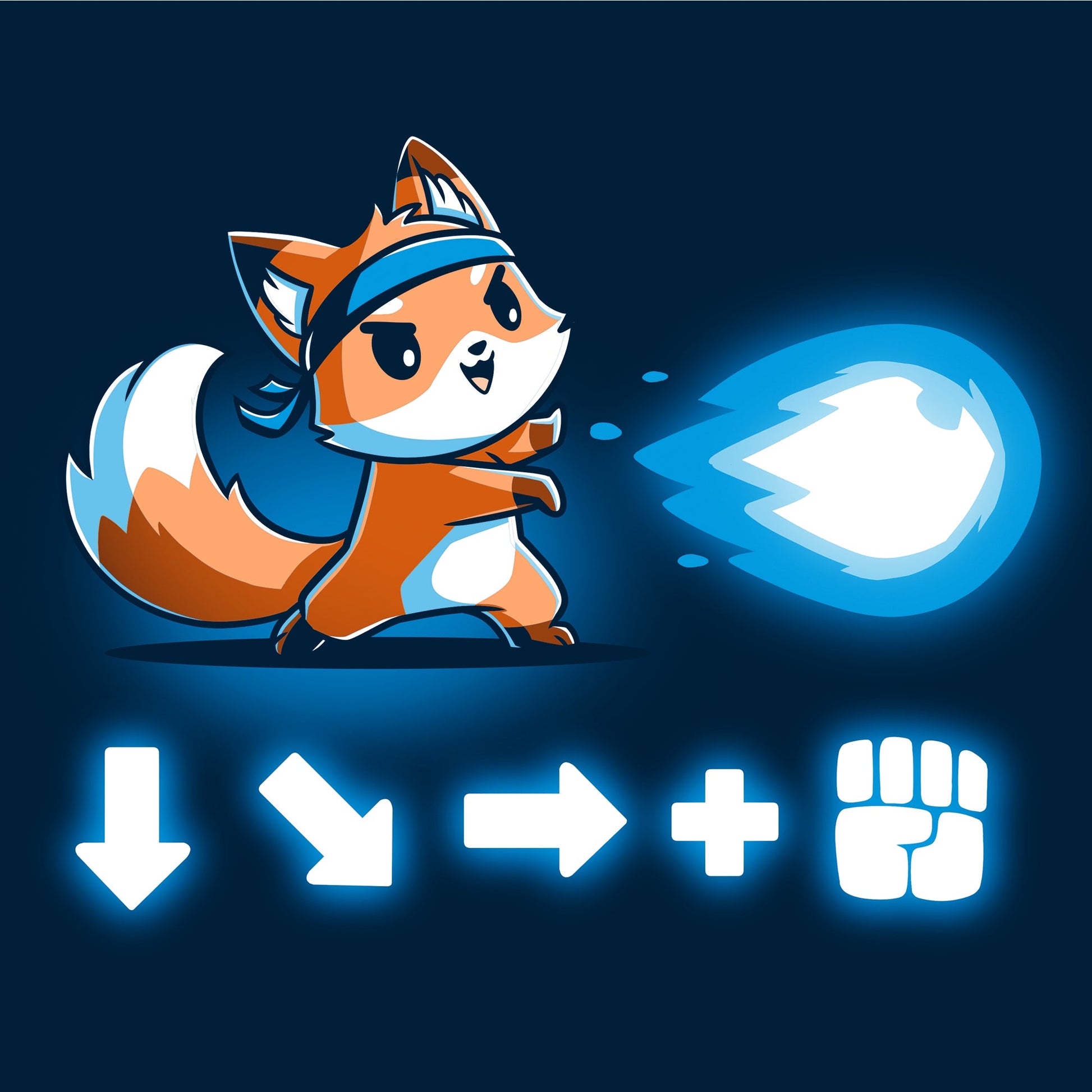 Classic Cotton T-shirt_Teeturtle Combo Attack navy blue t-shirt featuring a cute little fox wearing a headband firing off a Hadouken fireball with the game input command beneath.