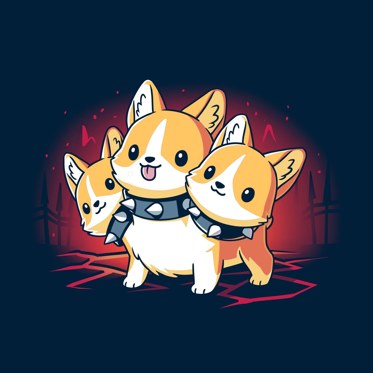 Classic Cotton T-shirt_TeeTurtle navy blue Corgi Cerberus. Featuring a corgi wearing a spiked collar with three heads.