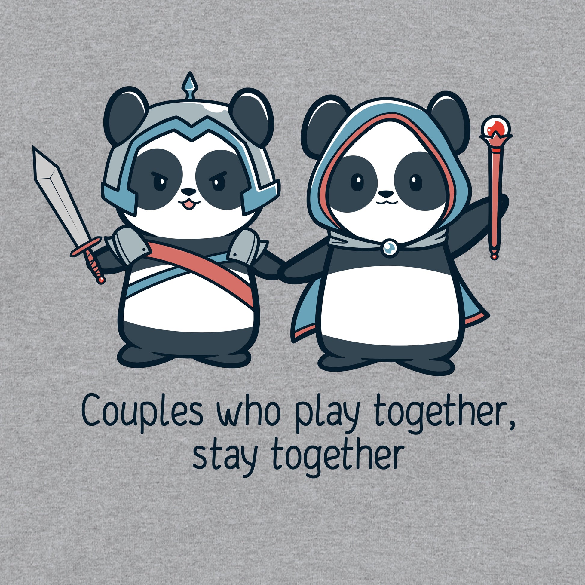 Classic Cotton T-shirt_TeeTurtle heather gray Couples Who Play Together Stay Together. Featuring a panda couple in fantasy outfits that stays together since they play together.