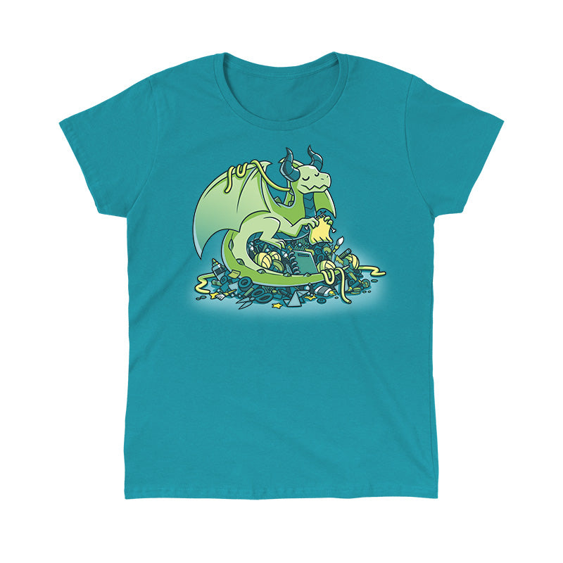 Classic Cotton T-shirt_TeeTurtle Craft Hoarder tropical blue t-shirt featuring a knitting green dragon sitting atop a pile of assorted craft supplies.