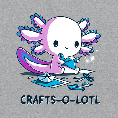 Classic Cotton T-shirt_TeeTurtle Crafts-O-Lotl Heather Gray t-shirt featuring a cute axolotl making origami crafts, surrounded by paper and completed pieces. Text below reads "CRAFTS-O-LOTL"