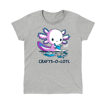 Classic Cotton T-shirt_TeeTurtle Crafts-O-Lotl Heather Gray t-shirt featuring a cute axolotl making origami crafts, surrounded by paper and completed pieces. Text below reads "CRAFTS-O-LOTL"