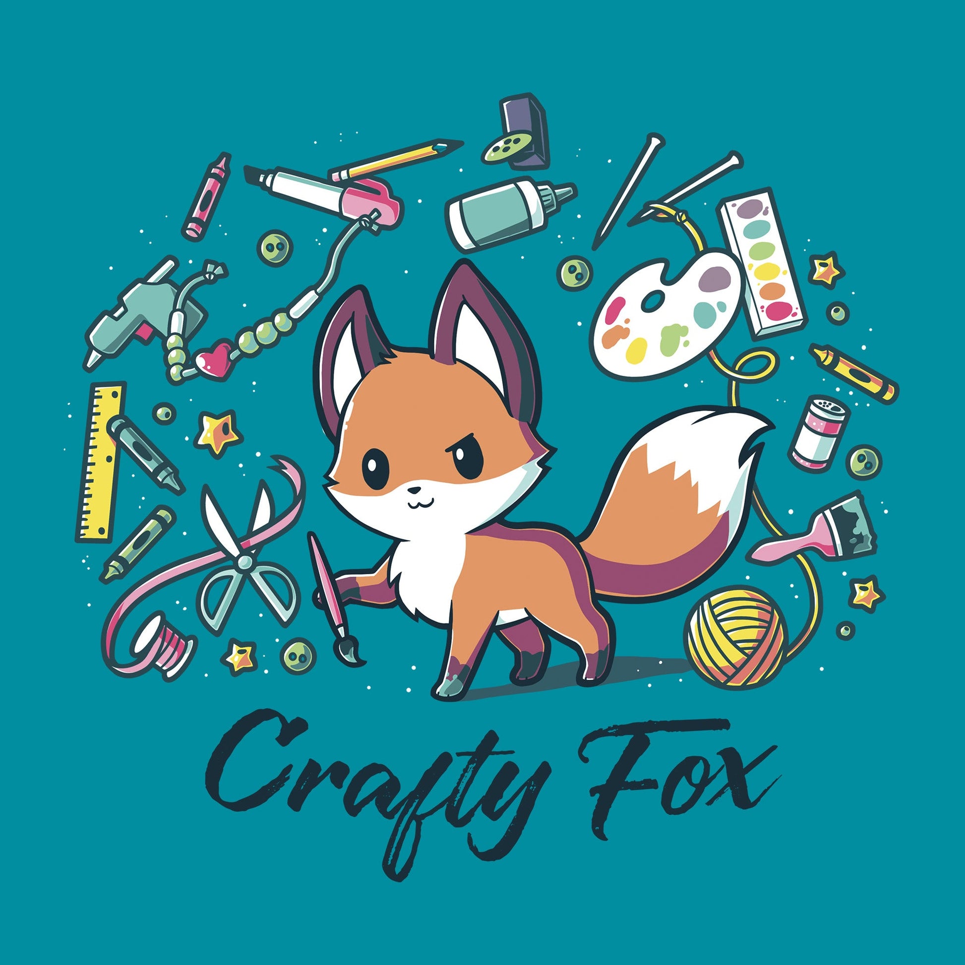 Classic Cotton T-shirt_TeeTurtle Crafty Fox tropical blue t-shirt featuring a cute fox holding a brush in its forepaw and surrounded by yarn, scissors, ribbon, paint and many other crafting items.