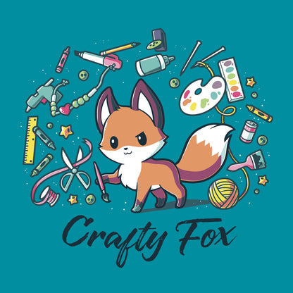 Classic Cotton T-shirt_TeeTurtle Crafty Fox tropical blue t-shirt featuring a cute fox holding a brush in its forepaw and surrounded by yarn, scissors, ribbon, paint and many other crafting items.