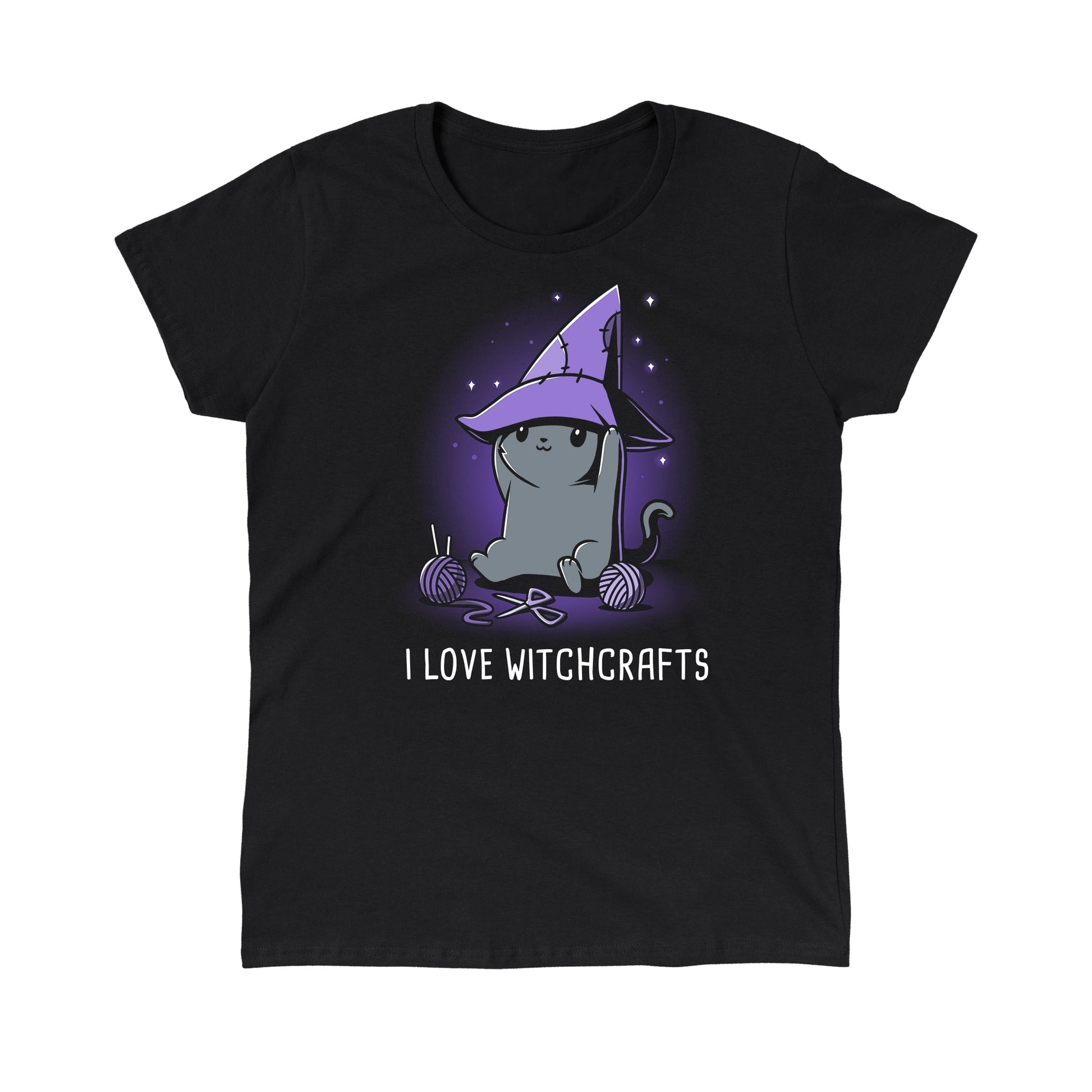 Classic Cotton T-shirt_TeeTurtle Crafty Kitty black t-shirt featuring a cheerful gray cat wearing a witches hat and crafting.