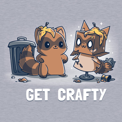 Classic Cotton T-shirt_TeeTurtle Crafty Raccoon heather gray t-shirt featuring a raccoon standing in front of a trash can looking pleased at a sculpture it created of itself out of trash with the words "GET CRAFTY" written below. 