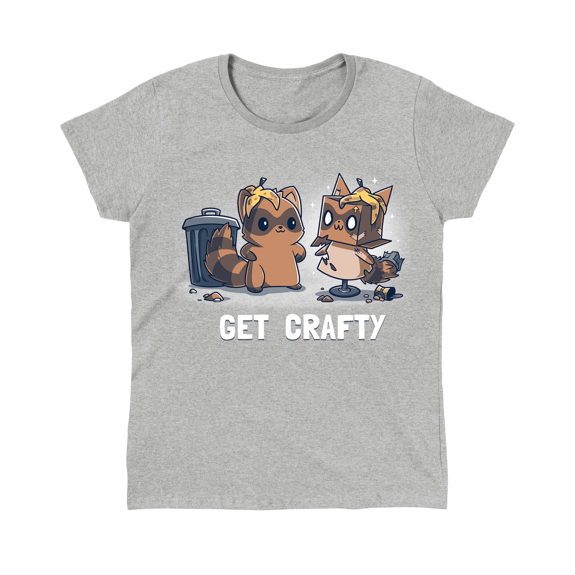 Classic Cotton T-shirt_TeeTurtle Crafty Raccoon heather gray t-shirt featuring a raccoon standing in front of a trash can looking pleased at a sculpture it created of itself out of trash with the words "GET CRAFTY" written below. 