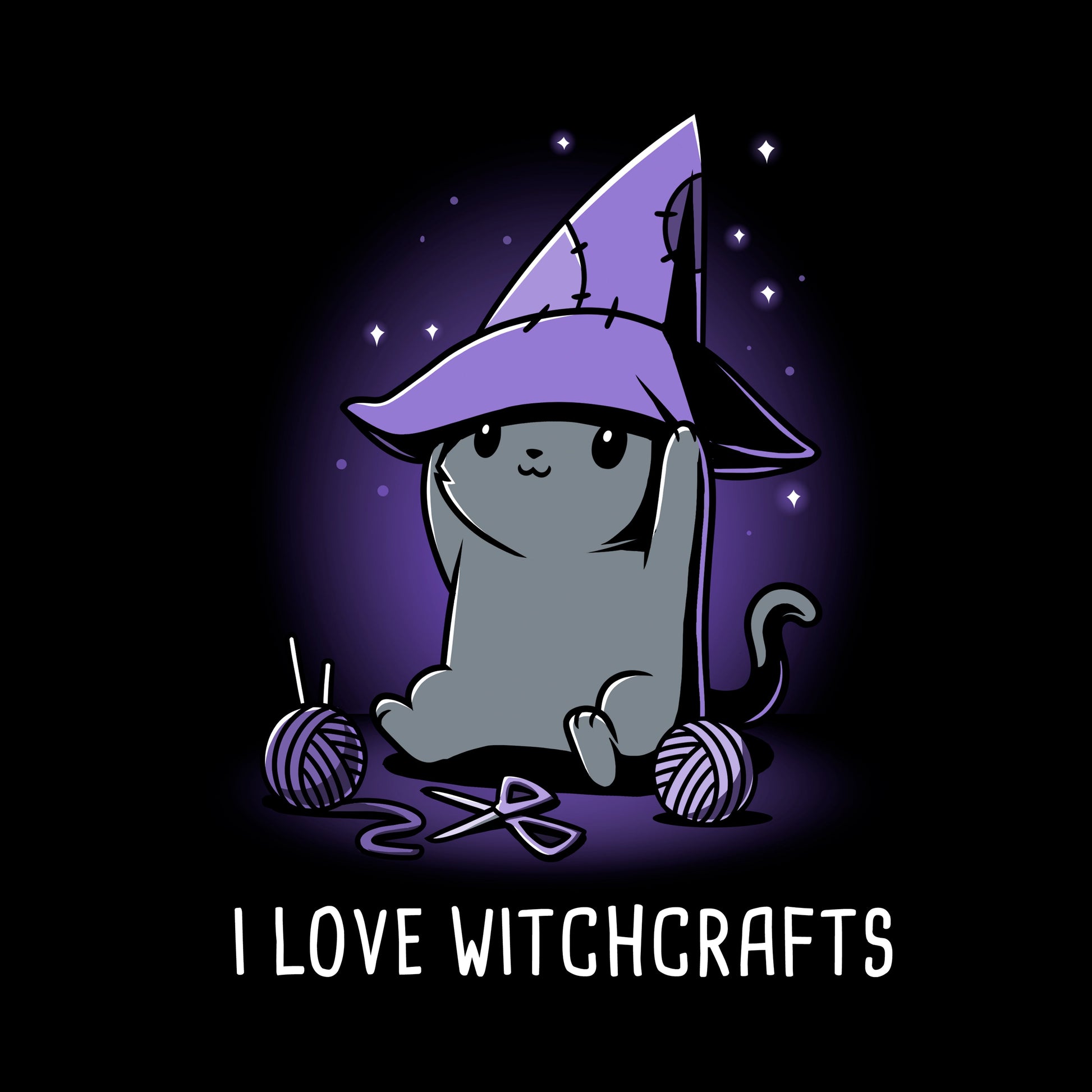 Pullover Hoodie_TeeTurtle Crafty Kitty black t-shirt featuring a cheerful gray cat wearing a witches hat and crafting.