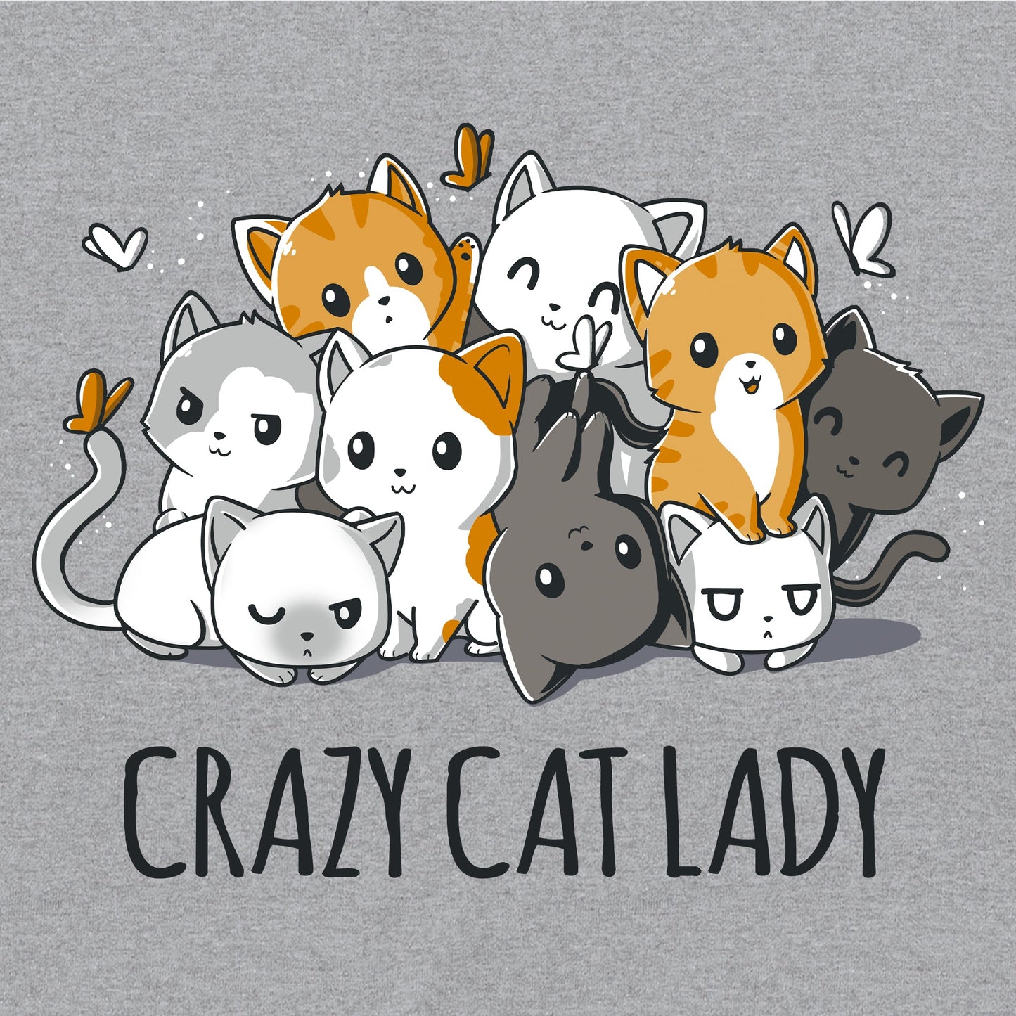 Long Sleeve T-shirt_TeeTurtle heather gray Crazy Cat Lady. Featuring a pile of cats in different colors cuddling together.