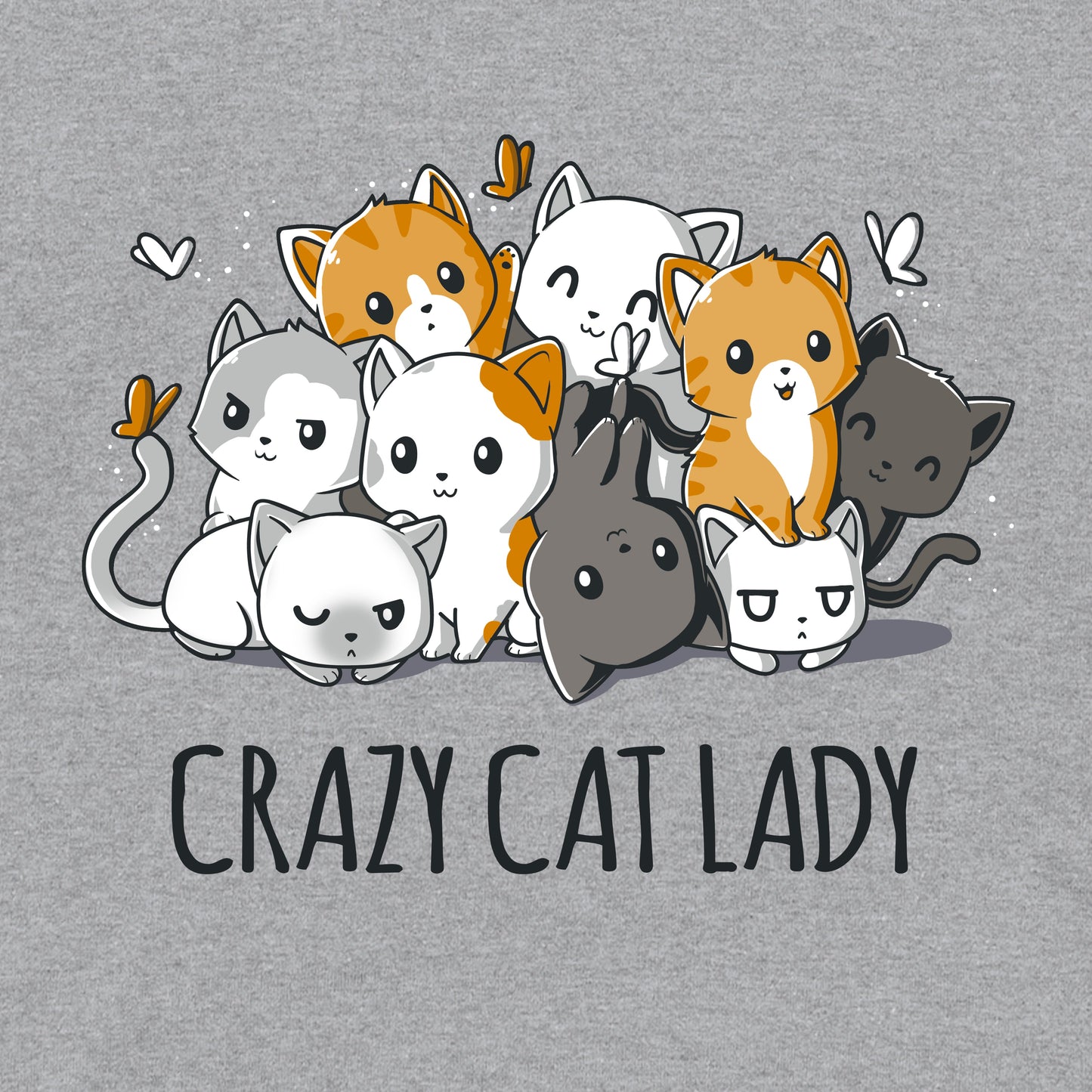 Classic Cotton T-shirt_TeeTurtle heather gray Crazy Cat Lady. Featuring a pile of cats in different colors cuddling together.