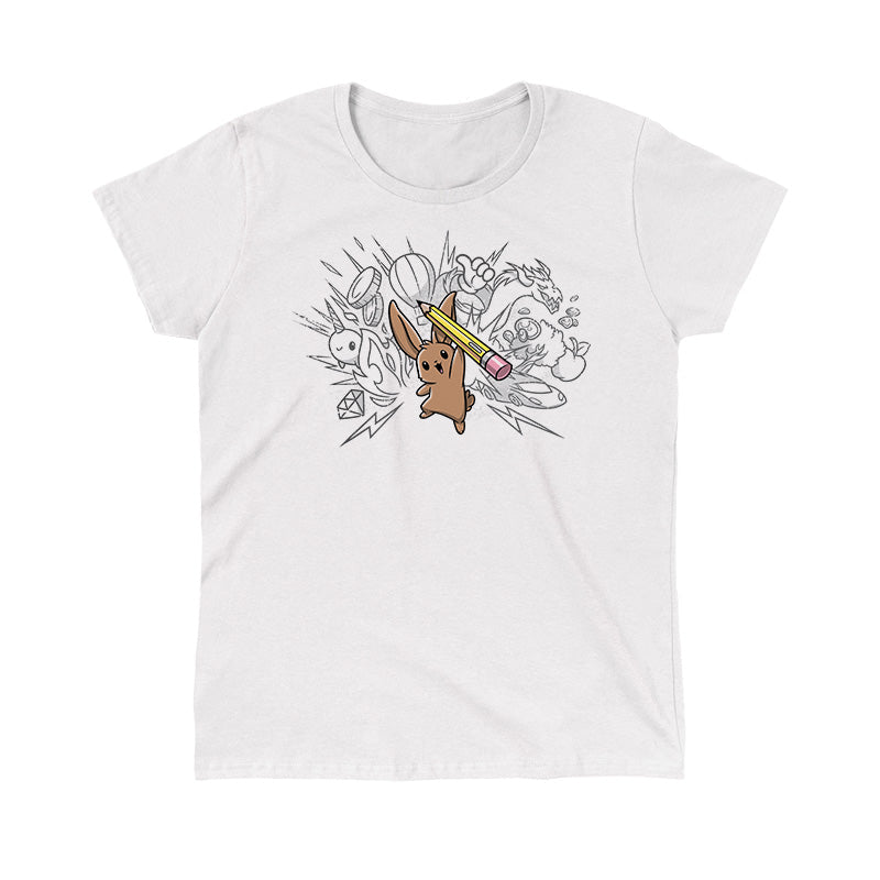 Classic Cotton T-shirt_TeeTurtle white Creative Doodlebunny t-shirt featuring a bunny holding a pencil with doodles in the background.