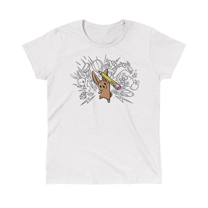 Classic Cotton T-shirt_TeeTurtle white Creative Doodlebunny t-shirt featuring a bunny holding a pencil with doodles in the background.