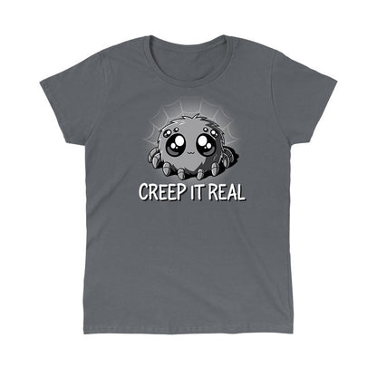 Classic Cotton T-shirt_TeeTurtle charcoal gray Creep It Real. Featuring a spider with large, cute eyes.