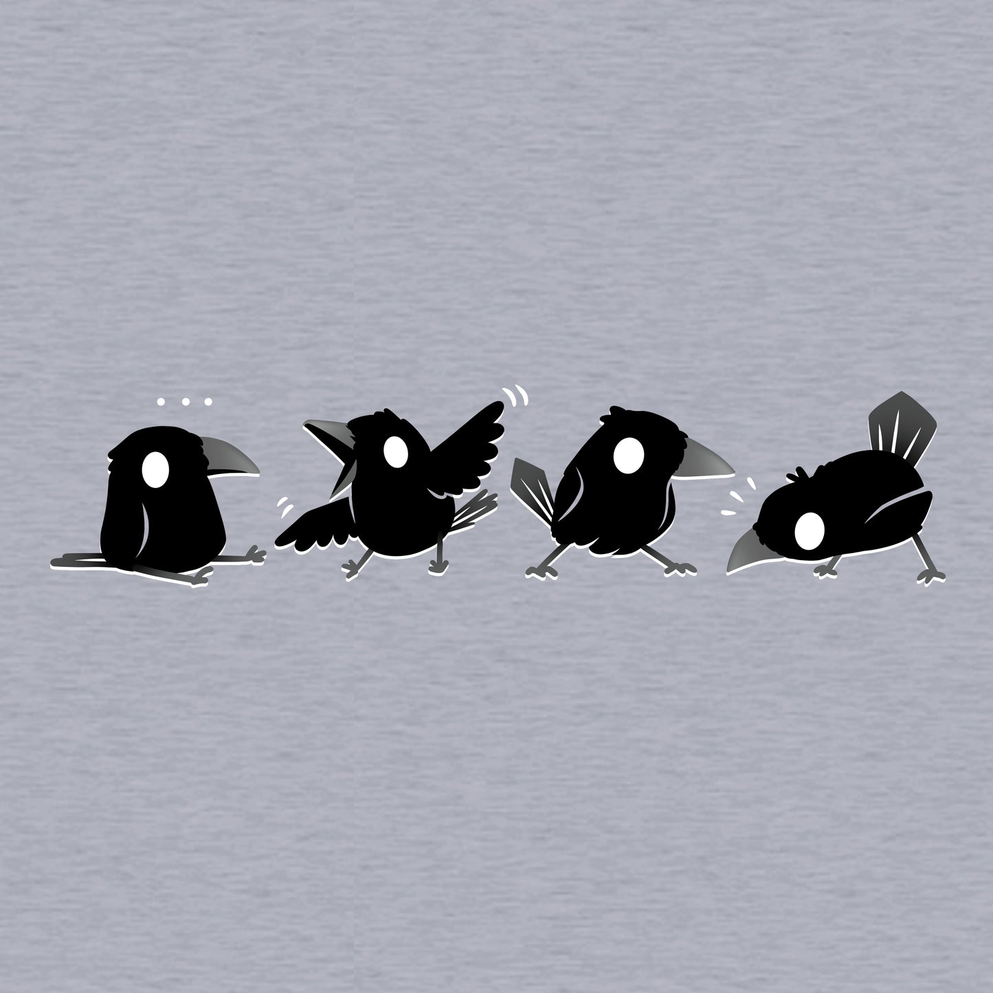 Classic Cotton T-shirt_TeeTurtle Crow Chatter heather gray t-shirt featuring four black crows with white eyes showing different playful poses. 