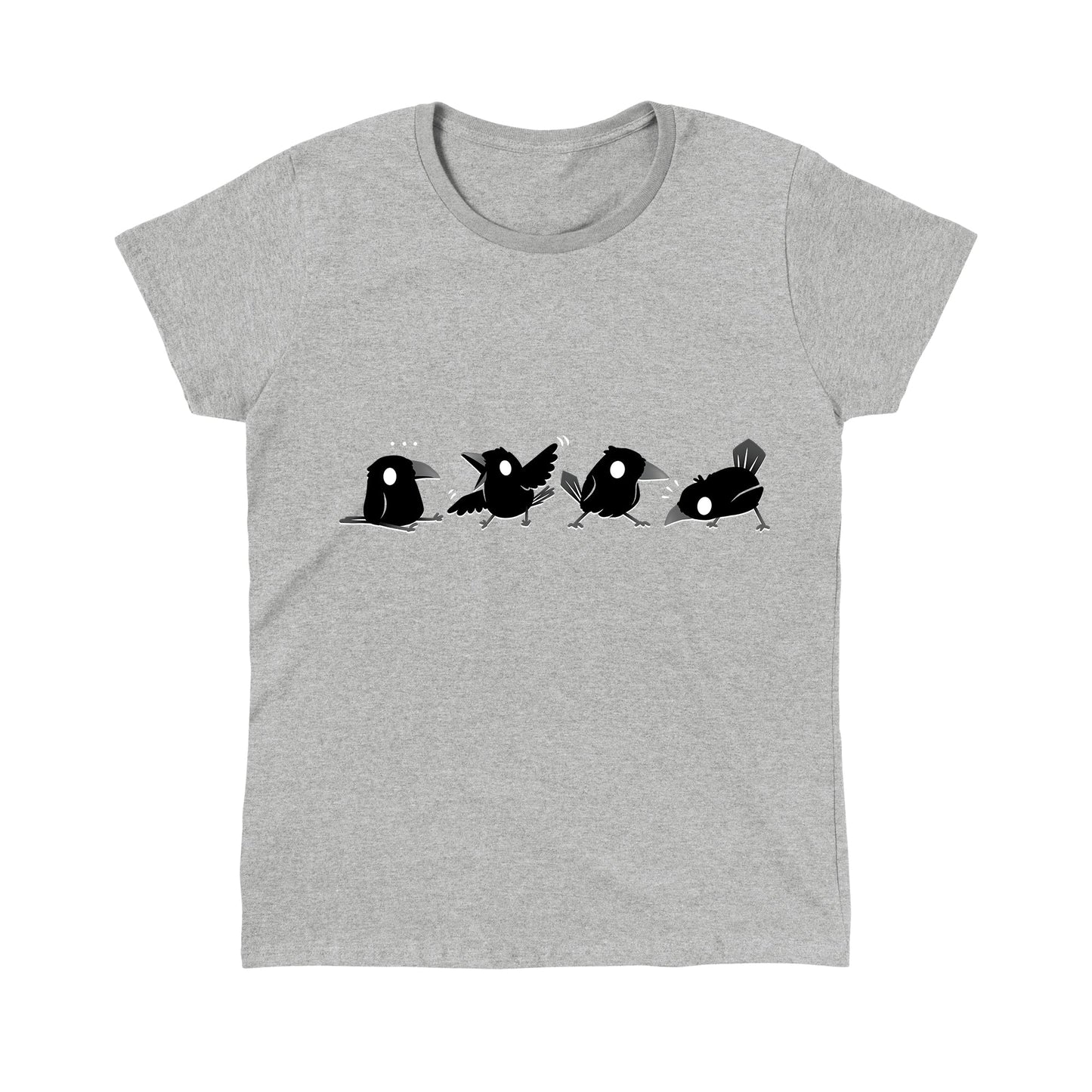 Classic Cotton T-shirt_TeeTurtle Crow Chatter heather gray t-shirt featuring four black crows with white eyes showing different playful poses. 