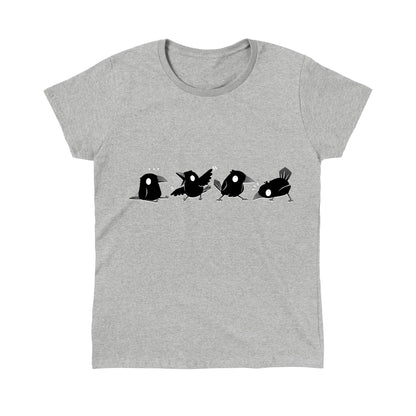 Classic Cotton T-shirt_TeeTurtle Crow Chatter heather gray t-shirt featuring four black crows with white eyes showing different playful poses. 