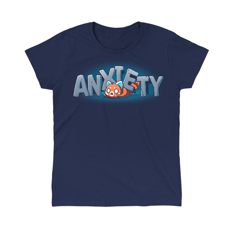 Classic Cotton T-shirt_TeeTurtle Crushing Anxiety navy blue t-shirt featuring an anxious red panda being squished under giant letters made of stone that spell "Anxiety" on top of his body. 