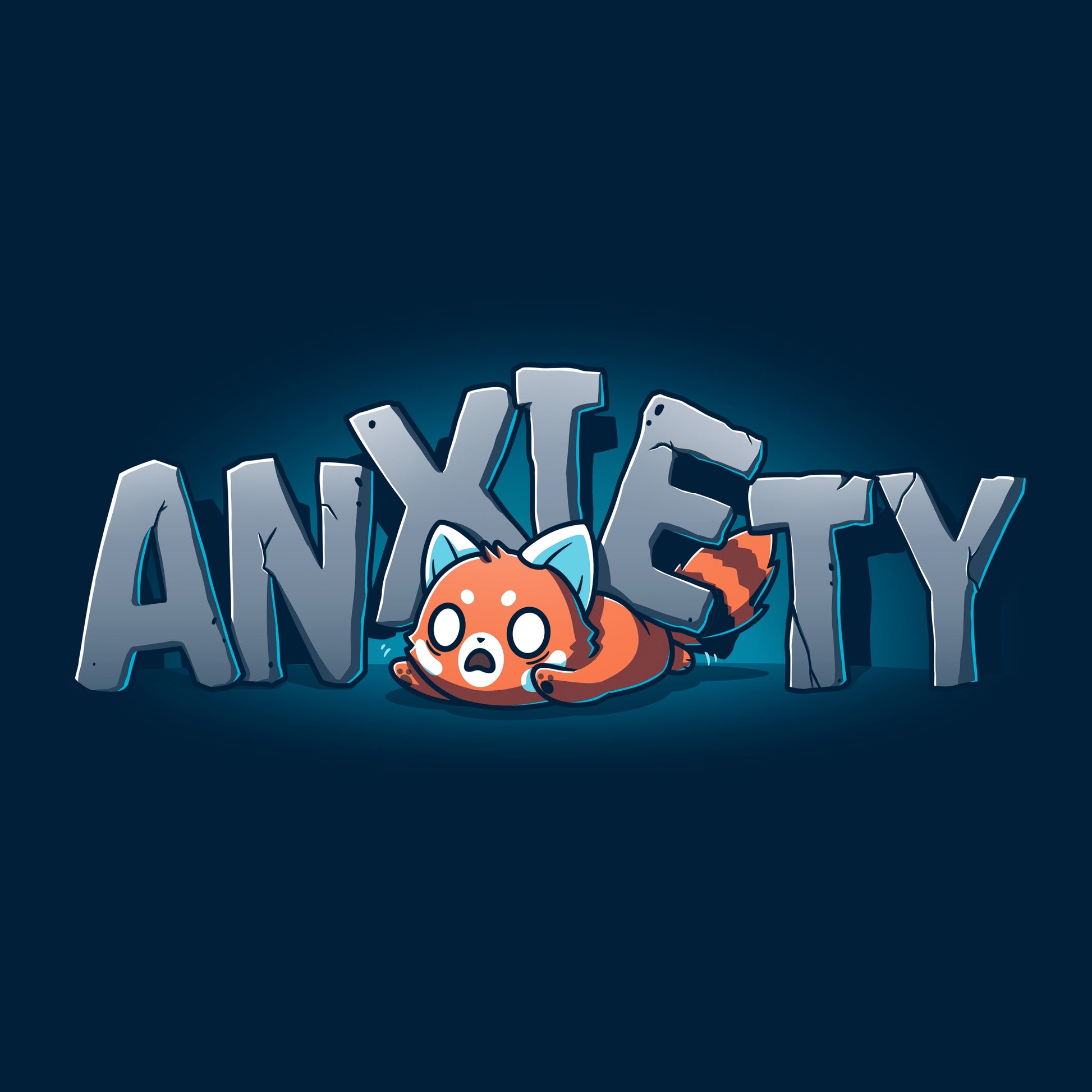 Classic Cotton T-shirt_TeeTurtle Crushing Anxiety navy blue t-shirt featuring an anxious red panda being squished under giant letters made of stone that spell "Anxiety" on top of his body. 