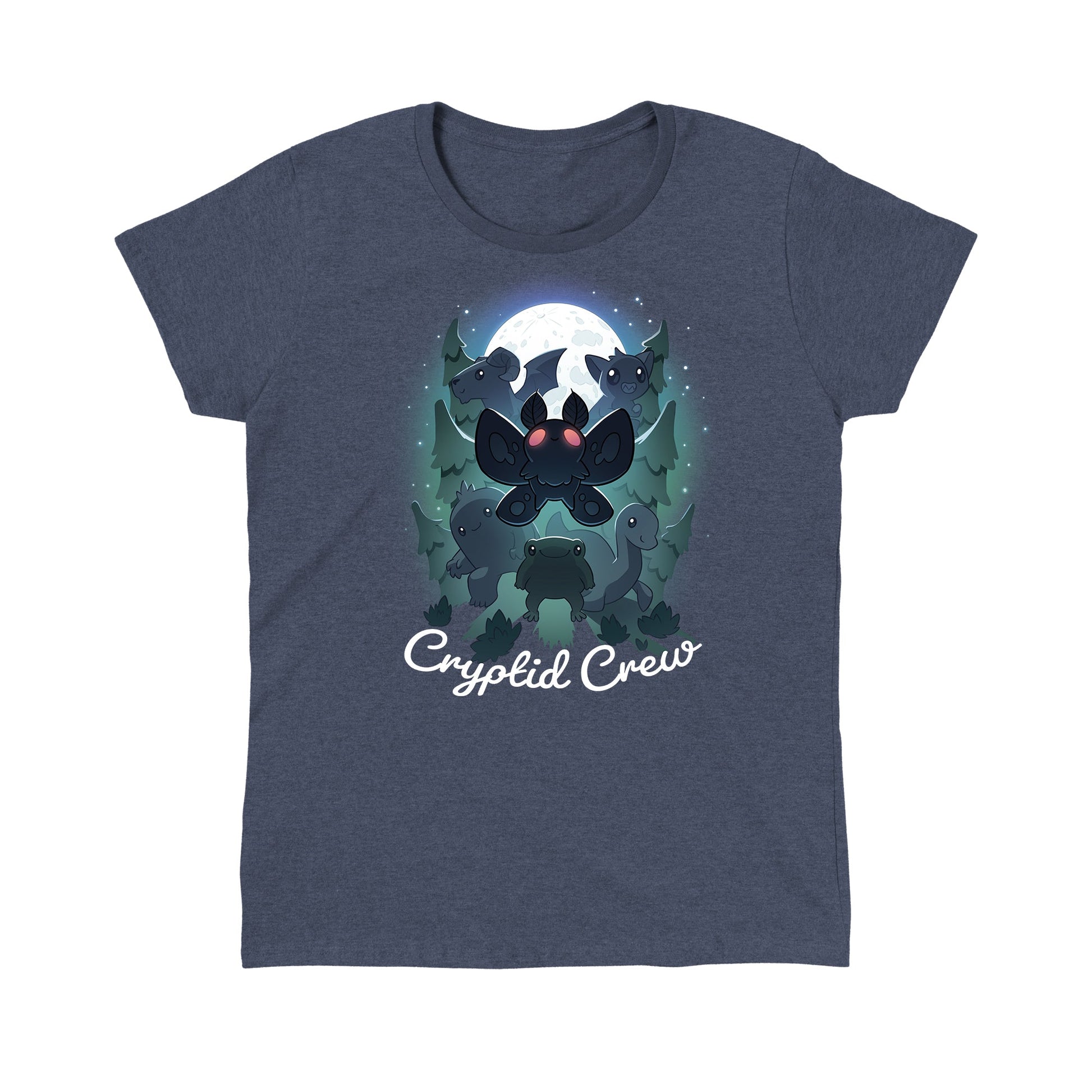 Classic Cotton T-shirt_TeeTurtle Cryptid Crew heather navy t-shirt featuring a whimsical illustration of six cartoon cryptids, including a mothman and a jackalope, in a forest with a full moon in the background. Text at the bottom reads "Cryptid Crew."