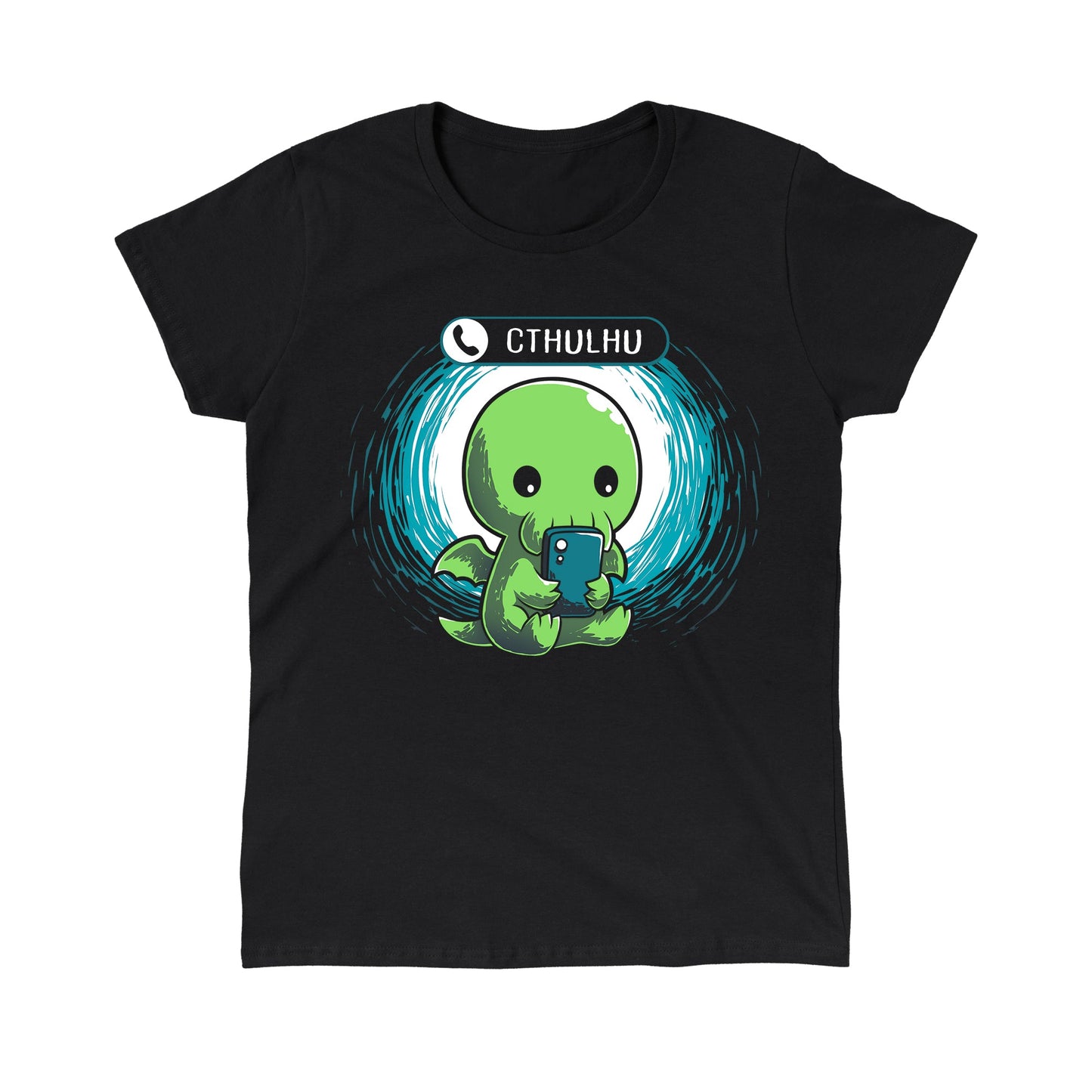 Classic Cotton T-shirt_TeeTurtle Cthulhu Calling black t-shirt featuring a Cthulhu holding a smartphone and looking at the screen with an incoming call notification displaying "Cthulhu" at the top.