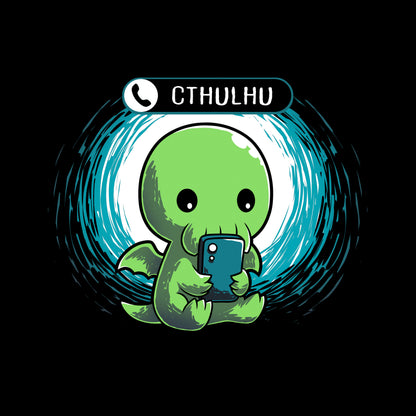 Classic Cotton T-shirt_TeeTurtle Cthulhu Calling black t-shirt featuring a Cthulhu holding a smartphone and looking at the screen with an incoming call notification displaying "Cthulhu" at the top.