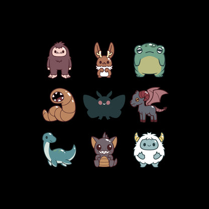 Long Sleeve T-shirt_TeeTurtle Cute Cryptids black t-shirt featuring a grid of cute cryptids, featuring a bigfoot, bunny, frog, worm, moth, winged goat, aquatic dinosaur, bat, and yeti.