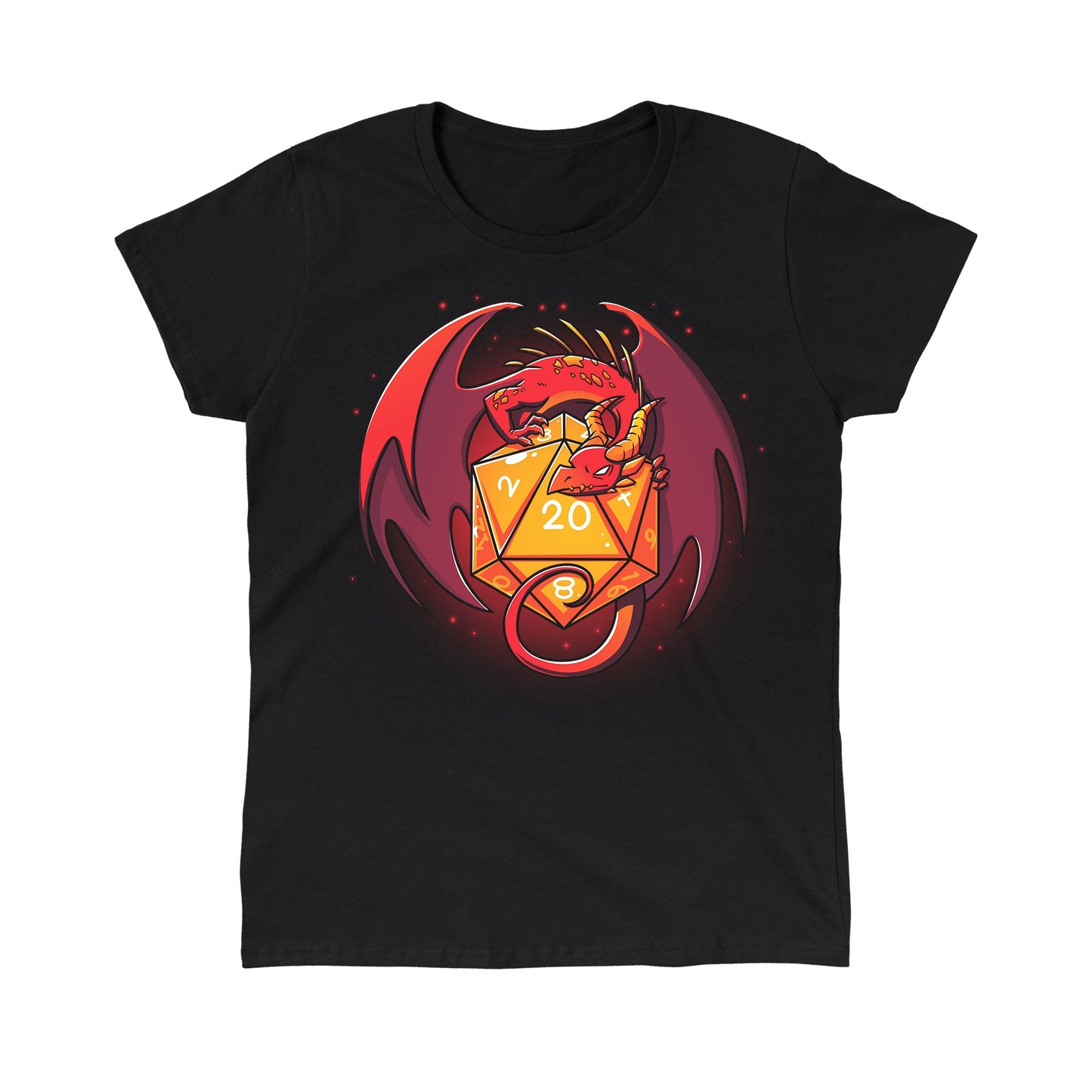 Classic Cotton T-shirt_TeeTurtle D20 Dragon black t-shirt featuring a red dragon curled around a yellow 20-sided die