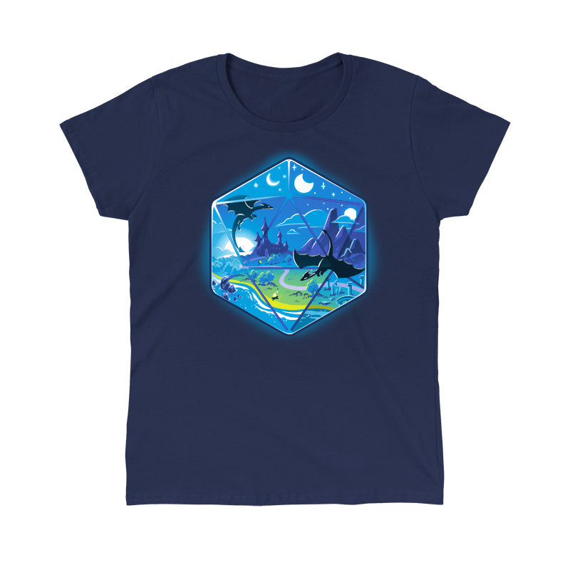 Classic Cotton T-shirt_Illustration of a fantasy world within a hexagonal frame, featuring flying dragons, a castle, mountains, a river, and both the sun and moon in the sky. Perfect for your monsterdigital D20 Landscape apparel collection in super soft ringspun cotton.