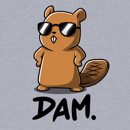 Classic Cotton T-shirt_TeeTurtle Dam. heather gray t-shirt featuring a beaver wearing sunglasses, standing with hands on hips, with the word "Dam." written below.