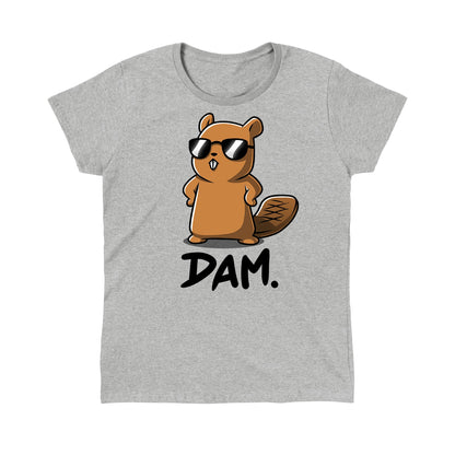 Classic Cotton T-shirt_TeeTurtle Dam. heather gray t-shirt featuring a beaver wearing sunglasses, standing with hands on hips, with the word "Dam." written below.