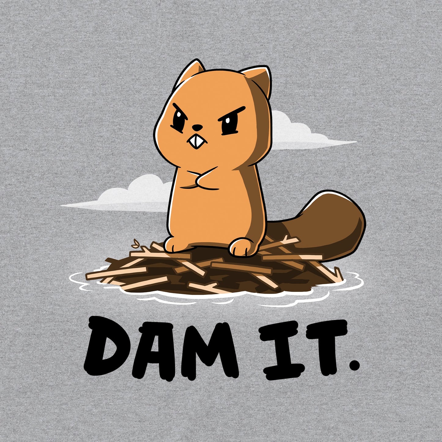 Classic Cotton T-shirt_TeeTurtle Dam It Heather Gray t-shirt featuring A cartoon beaver with an angry expression stands on a dam of sticks with the text "DAM IT." below. 