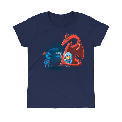 Classic Cotton T-shirt_TeeTurtle navy blue Damsel In Control. Featuring a damsel with a dragon telling a knight trying to rescue the damsel to go away.