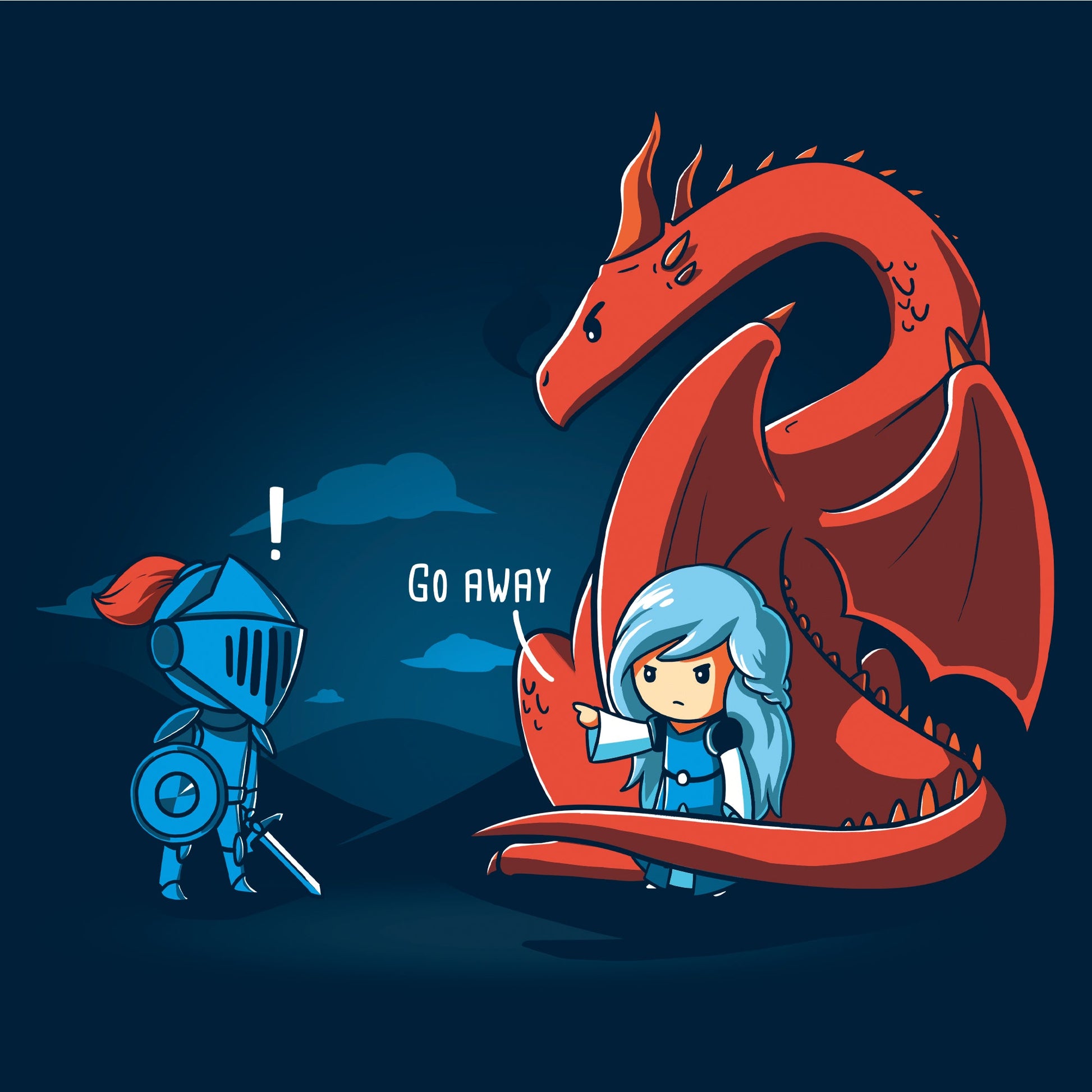 Crew Neck Sweatshirt_TeeTurtle navy blue Damsel In Control. Featuring a damsel with a dragon telling a knight trying to rescue the damsel to go away.