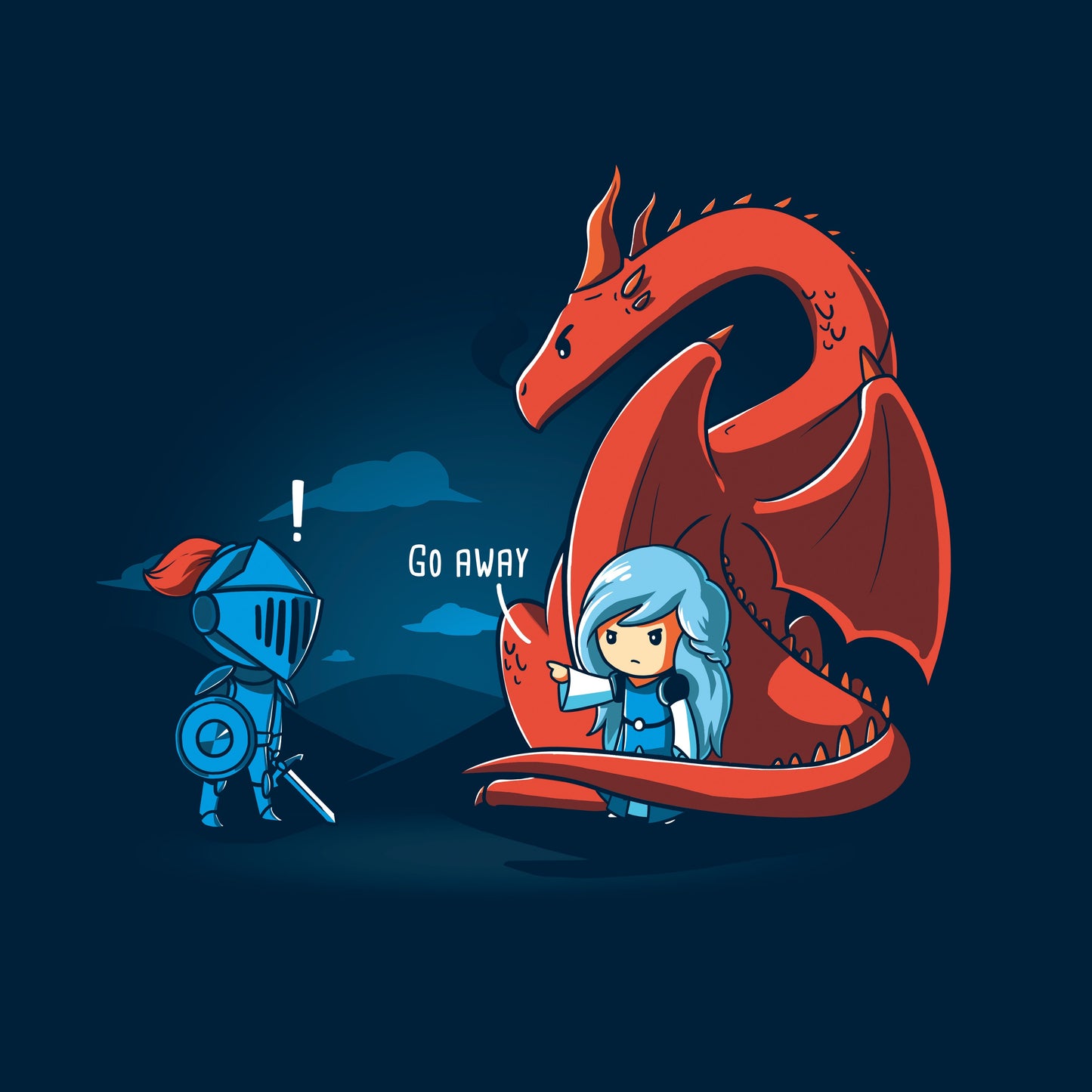 Classic Cotton T-shirt_TeeTurtle navy blue Damsel In Control. Featuring a damsel with a dragon telling a knight trying to rescue the damsel to go away.