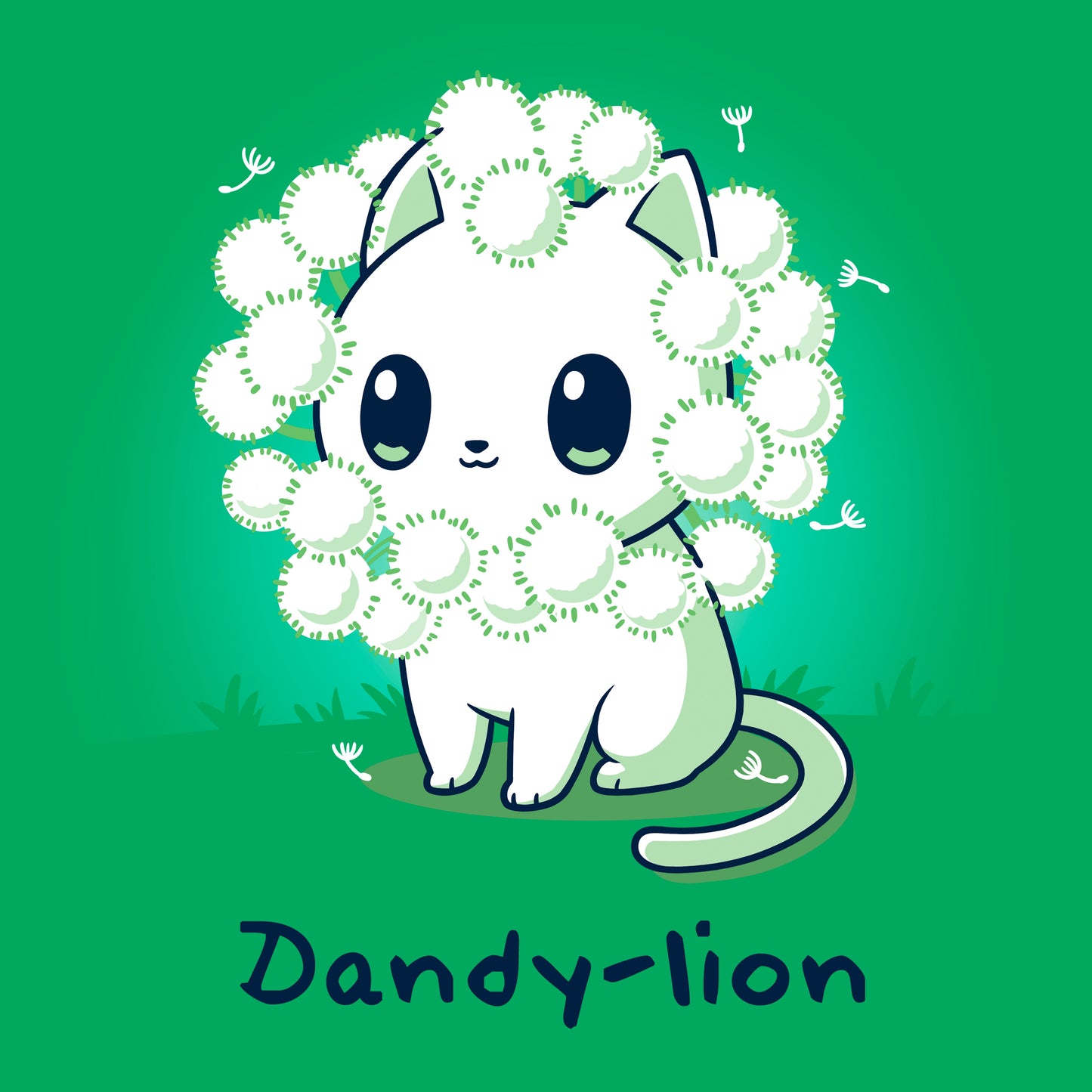 Classic Cotton T-shirt_TeeTurtle Dandy-lion irish green t-shirt featuring a white cat with a dandelion fluff mane and a pun underneath it.