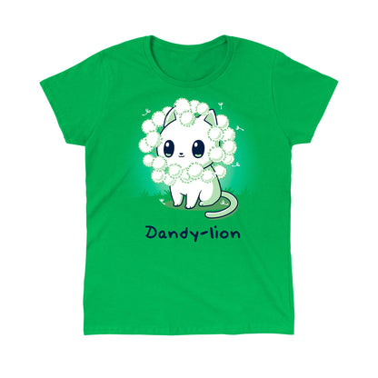 Classic Cotton T-shirt_TeeTurtle Dandy-lion irish green t-shirt featuring a white cat with a dandelion fluff mane and a pun underneath it.