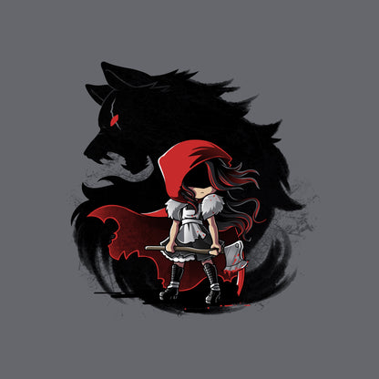 Classic Cotton T-shirt_TeeTurtle Dangerous charcoal gray t-shirt featuring a girl wearing a red riding hood holding an axe in front of a swirling silhouette of a wolf with a red eye, straight out of reading dark fairy tales. 