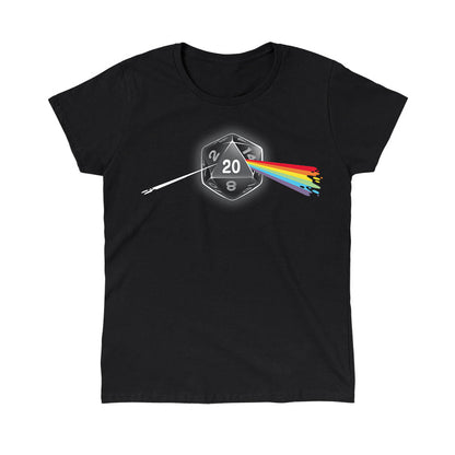 Classic Cotton T-shirt_TeeTurtle Dark Side of the D20 black t-shirt featuring a 20-sided die from a tabletop game with the number 20 facing forward, emitting a rainbow-colored beam that resembles a prism effect.