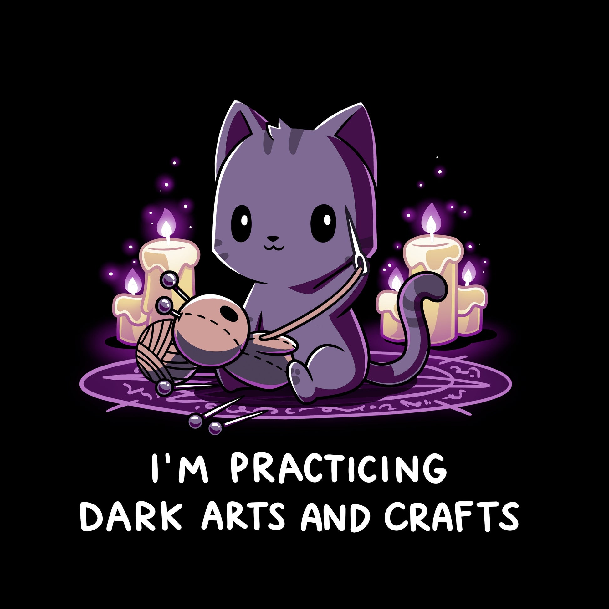 Crew Neck Sweatshirt_TeeTurtle Dark Arts and Crafts black t-shirt featuring a cat crafting a voodoo doll