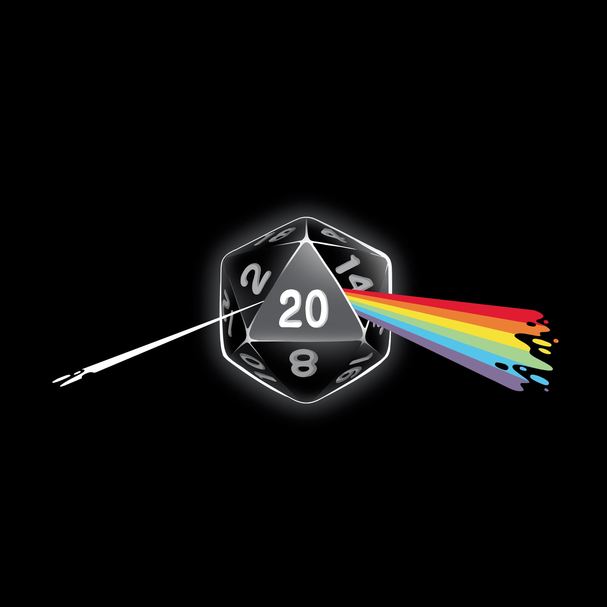 Classic Cotton T-shirt_TeeTurtle Dark Side of the D20 black t-shirt featuring a 20-sided die from a tabletop game with the number 20 facing forward, emitting a rainbow-colored beam that resembles a prism effect.